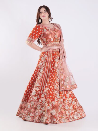 Vibrant Orange Adorned In A Stunning Traditional Indian Bridal Outfit Engagement Luxury Lehenga Set