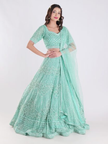 Stunning Mint Green Intricate Embroidery With Silver Sequins And Beads Shimmering Effect Bridal Lehenga Set