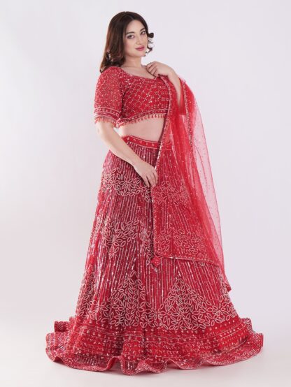Stunning Red and Silver Intricate Embroidery With Silver Sequins And Beads Shimmering Effect Bridal Lehenga Set