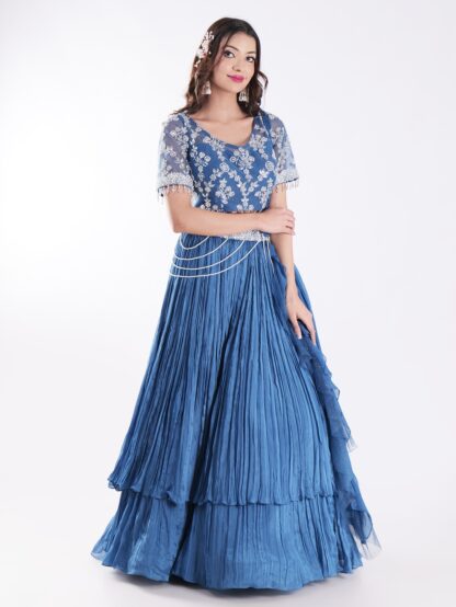 Short Sleeved Crop Top Adorned With Intricate Silver Embroidered Beautiful Blue Outfit Indowestern Lehenga Set
