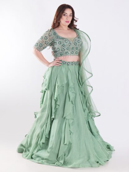 Sage Green With Intricate Silver And Emerald Green Embellishments Ruffled Lehenga Set