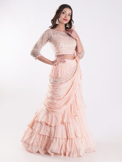 Beautiful Peach Colored Embroidered Crop Top Outfit Ruffle Drape Lehenga Set