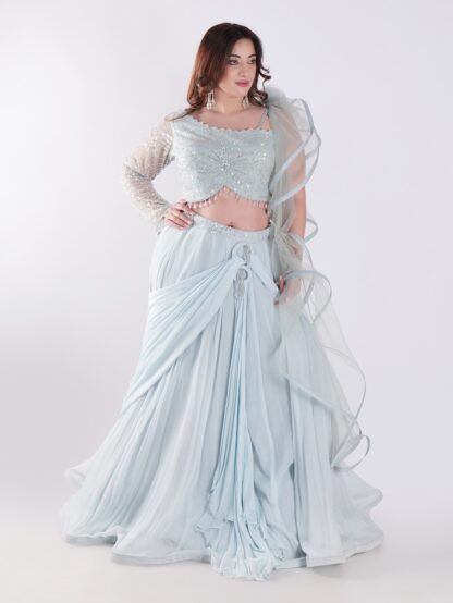 Beautiful Light Blue Flowing With A Delicate Embellished Bodice Indowestern Lehenga Choli Set