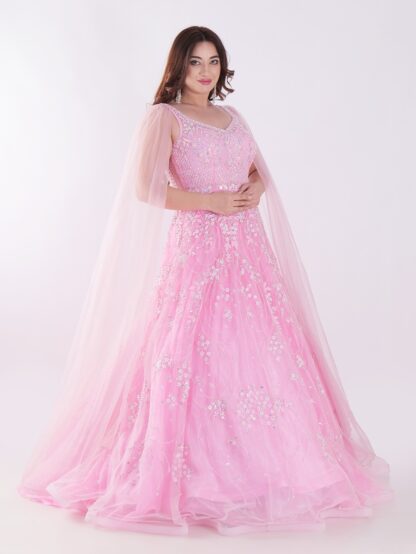 Delicate Floral Pattern And Shimmering Embellishments Pink Color Party Wear Gown
