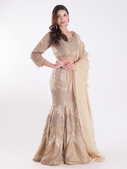 Sparkling Gold And Silver Outfit Covered In Sequins And Beads Cocktail Fish Cut Lehenga Set