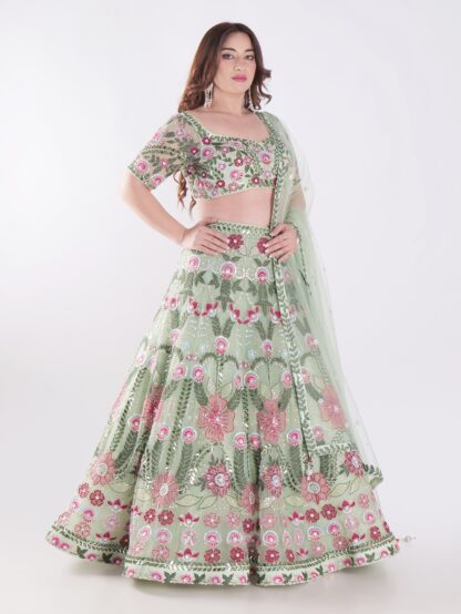 Stunning Green Traditional South Asian Outfit Intricate Floral Embroidery In Shades Of Pink Party Wear Lehenga Choli