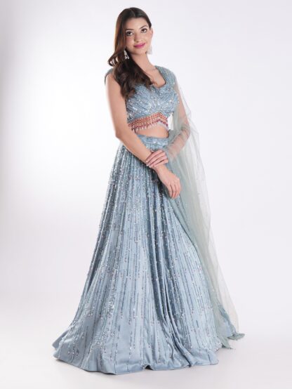 Stunning Blue And Silver Sequined Shimmering Effect Backless Party Wear Lehenga Set