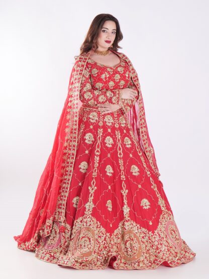 Intricate Gold Embroidery Stunning Floral Vibrant Red Bridal Lehenga Set
