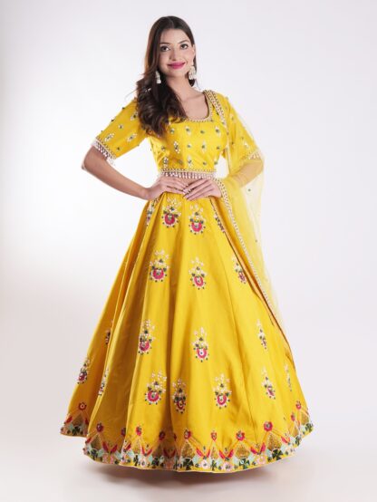 Vibrant Yellow Round Neckline And Short Sleeves Mehandi Designer Lehenga Set