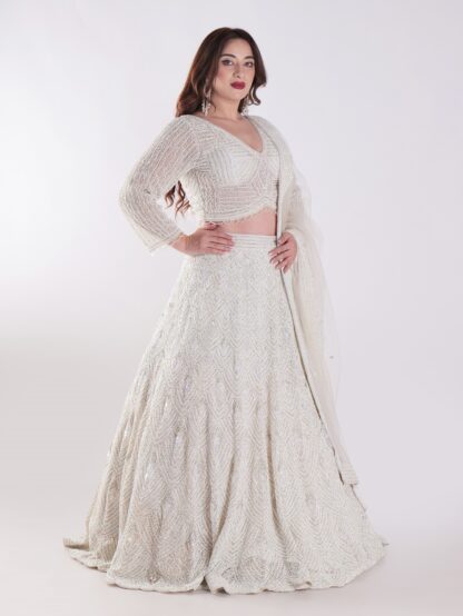 Net Embordered White Intricately Beaded Party Wear Luxury Lehenga Set