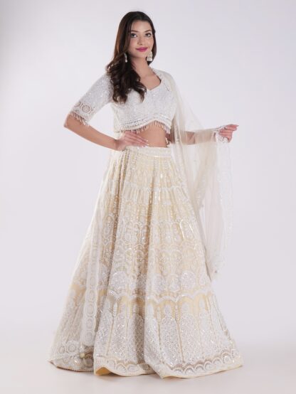 Net Embordered White and Cream Intricately Beaded Party Wear Luxury Lehenga Set