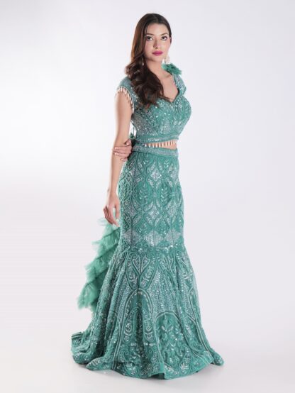 Teal Colored Cocktail Party Wear Fish Cut Style Lehenga Set