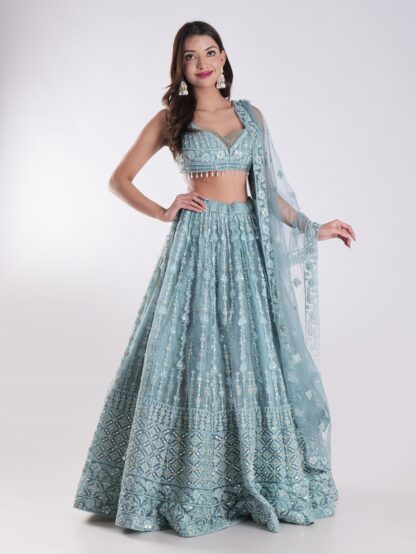 Beautiful Powder Blue Embroidered Party Wear Lehenga Set