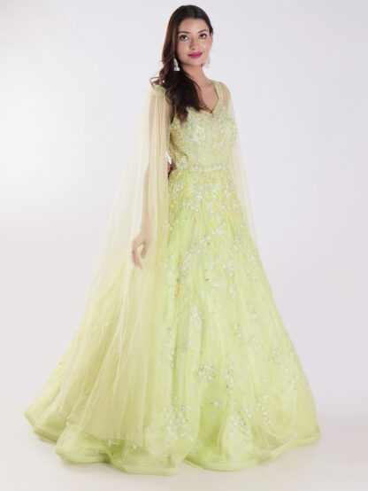 A Beautiful Light Green With Delicate Embroidery And Embellishment Cocktail Party Wear Gown