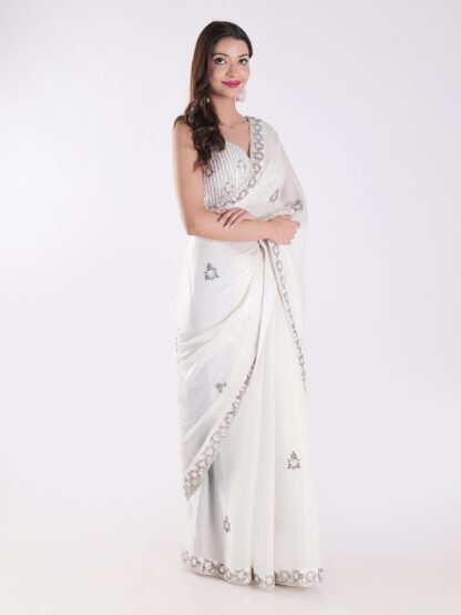 White Party Wear Saree With Silver Embroidery