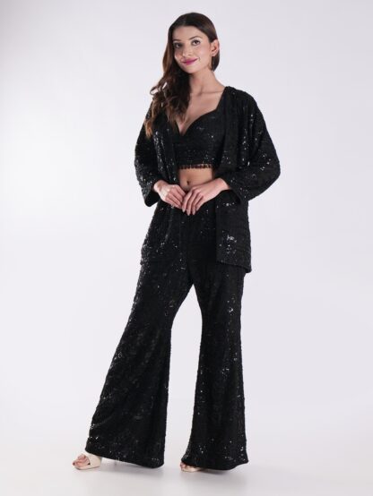 Sequined Crop Top With A Plunging Neckline Shrug Top Bell Bottom Suits