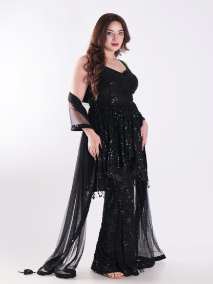 Black Sequined Outfit Peplum Top With Bell Bottom Sharara Suit