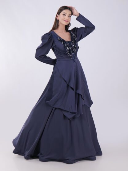 Elegant Navy Blue Gown with Embellished Neckline Luxury For Grand Occasions