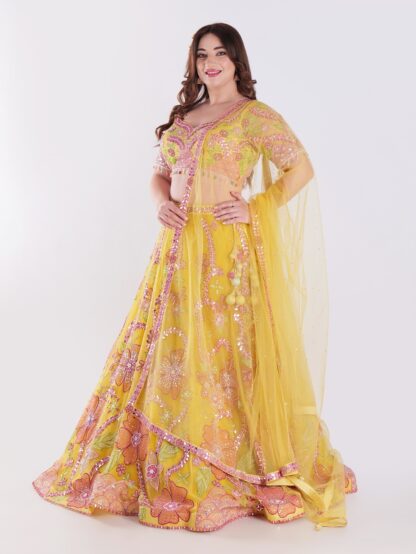 Radiate Sunshine In Style Yellow Floral Embroidered Mirror Work Lehenga Choli Set