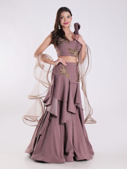 Sleeveless Crop Top With Intricate Gold Embroidery Skirt Cocktail Indowestern Lehenga Set