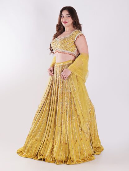 Stunning Mustard Yellow Backless Party Wear Lehenga Choli Set