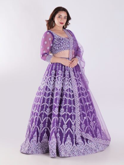 Stunning Lavender Purple Embroidered Net Lehenga Choli Set