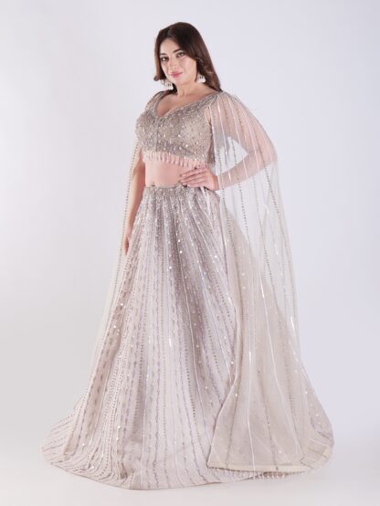 Light Colored Embrace Regal Elegance in This Champagne Sequin Embellished Lehenga Set