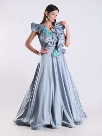 Elegant Sky Blue Designer Gown with Ruffle Detailing and Floral Embellishments