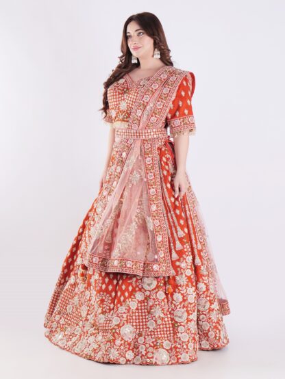 Vibrant Orange Adorned In A Stunning Traditional Indian Bridal Outfit Engagement Luxury Lehenga Set