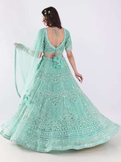 Stunning Mint Green Intricate Embroidery With Silver Sequins And Beads Shimmering Effect Bridal Lehenga Set