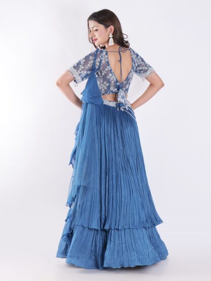 Short Sleeved Crop Top Adorned With Intricate Silver Embroidered Beautiful Blue Outfit Indowestern Lehenga Set