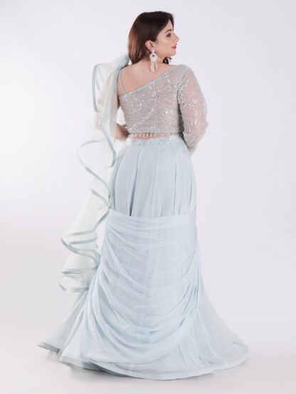 Beautiful Light Blue Flowing With A Delicate Embellished Bodice Indowestern Lehenga Choli Set
