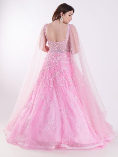 Delicate Floral Pattern And Shimmering Embellishments Pink Color Party Wear Gown