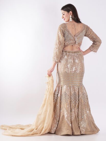 Sparkling Gold And Silver Outfit Covered In Sequins And Beads Cocktail Fish Cut Lehenga Set
