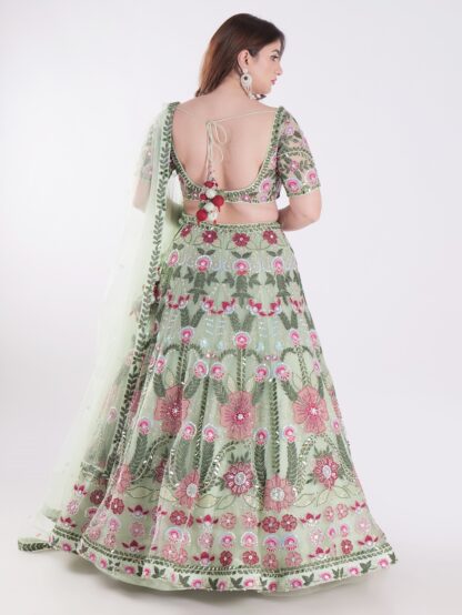 Stunning Green Traditional South Asian Outfit Intricate Floral Embroidery In Shades Of Pink Party Wear Lehenga Choli