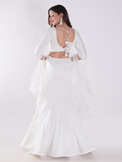 White Flowing Intricate Layers Of Ruffles Dramatic And Elegant Silhouette Cocktail Lehenga Set