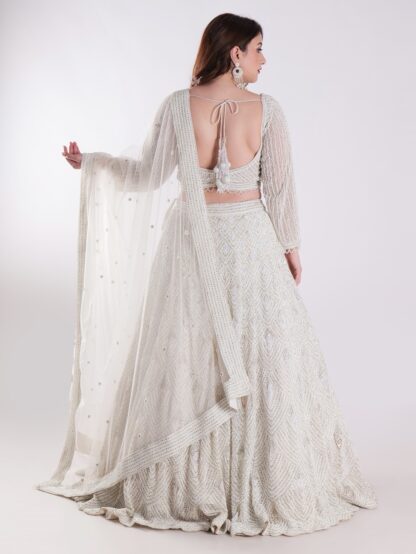 Net Embordered White Intricately Beaded Party Wear Luxury Lehenga Set