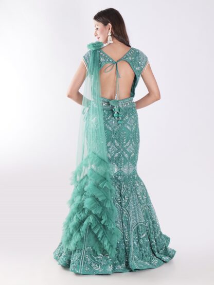 Teal Colored Cocktail Party Wear Fish Cut Style Lehenga Set
