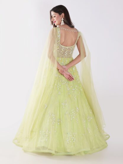 A Beautiful Light Green With Delicate Embroidery And Embellishment Cocktail Party Wear Gown