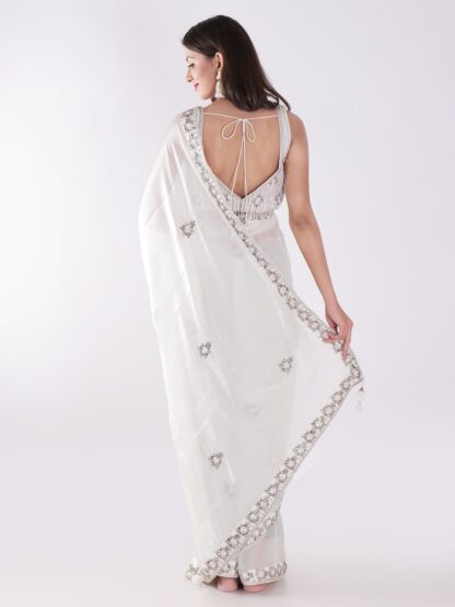 White Party Wear Saree With Silver Embroidery