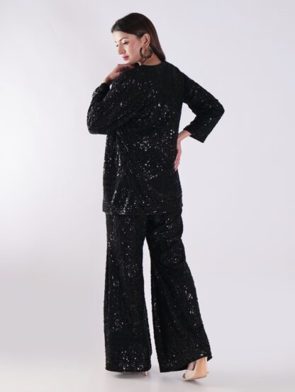 Sequined Crop Top With A Plunging Neckline Shrug Top Bell Bottom Suits