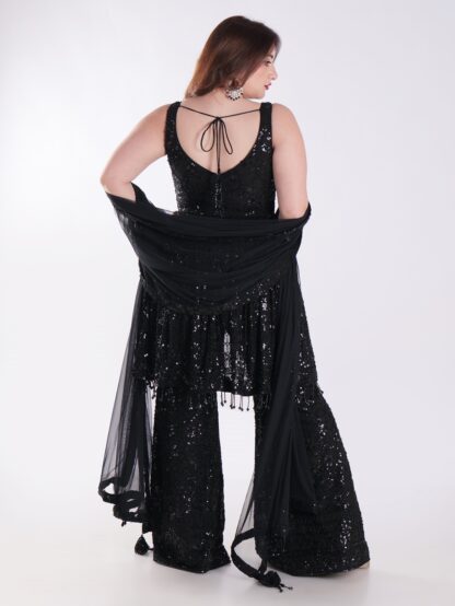Black Sequined Outfit Peplum Top With Bell Bottom Sharara Suit