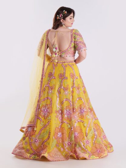Radiate Sunshine In Style Yellow Floral Embroidered Mirror Work Lehenga Choli Set
