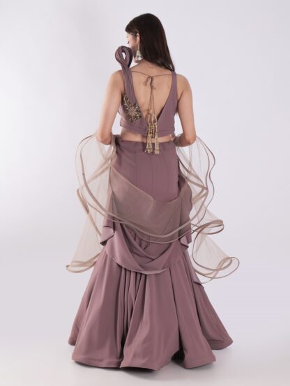 Sleeveless Crop Top With Intricate Gold Embroidery Skirt Cocktail Indowestern Lehenga Set