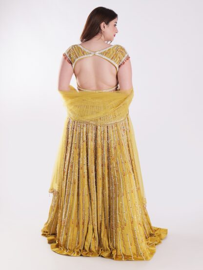 Stunning Mustard Yellow Backless Party Wear Lehenga Choli Set
