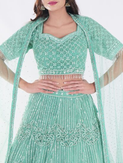 Stunning Mint Green Intricate Embroidery With Silver Sequins And Beads Shimmering Effect Bridal Lehenga Set