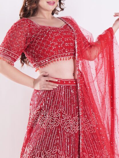 Stunning Red and Silver Intricate Embroidery With Silver Sequins And Beads Shimmering Effect Bridal Lehenga Set