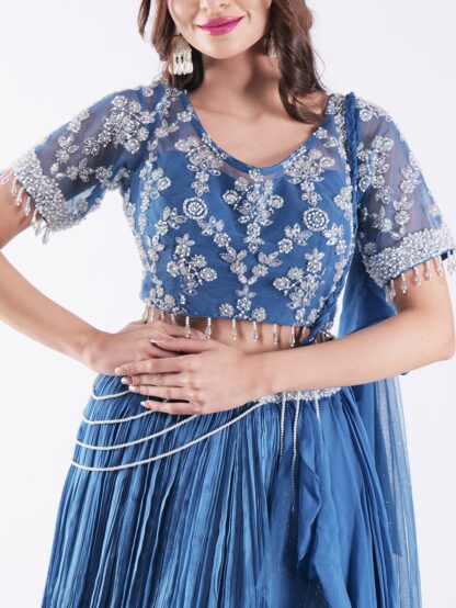 Short Sleeved Crop Top Adorned With Intricate Silver Embroidered Beautiful Blue Outfit Indowestern Lehenga Set