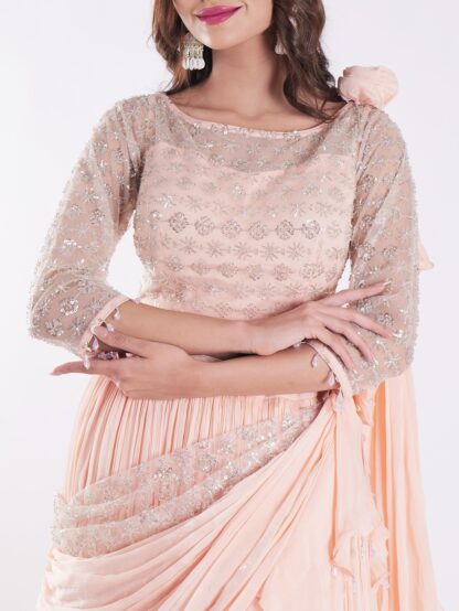 Beautiful Peach Colored Embroidered Crop Top Outfit Ruffle Drape Lehenga Set