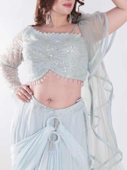 Beautiful Light Blue Flowing With A Delicate Embellished Bodice Indowestern Lehenga Choli Set
